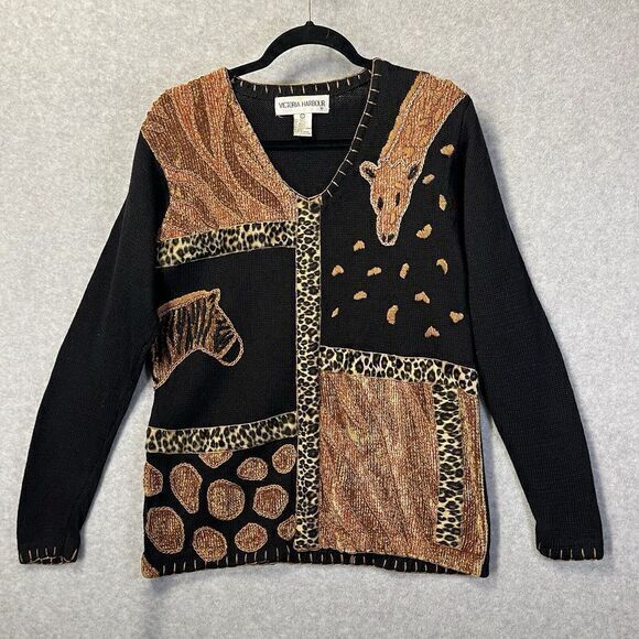 Vintage VICTORIA HARBOUR Safari Cardigan Sweater Animal Print Black Womens Small - Picture 3 of 12